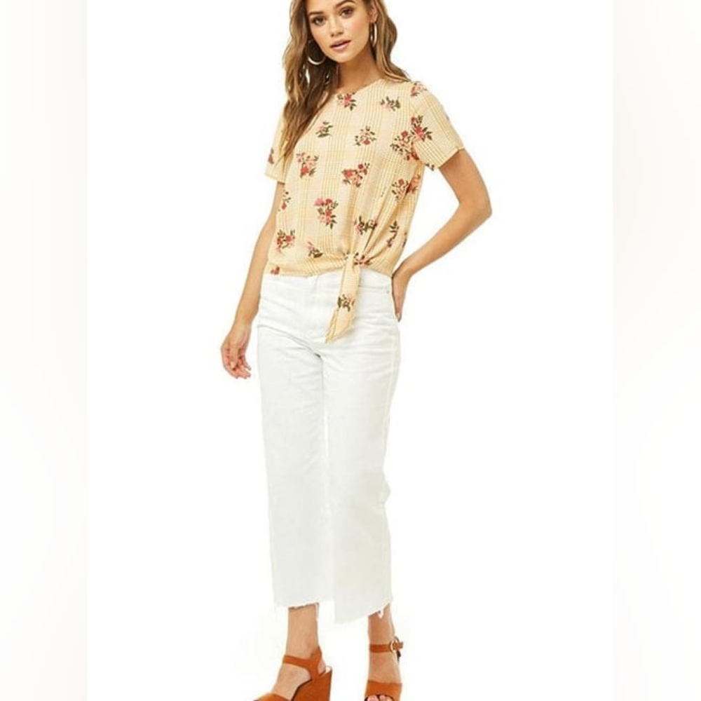 Forever 21 Women's Yellow Floral Front Tie Short Sleeve Blouse Size Medium